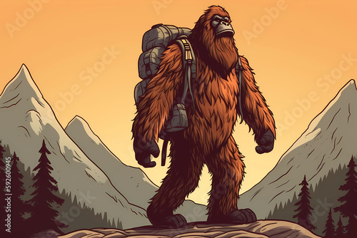 Funny hiking, bigfoot with backpack, Generative AI photo