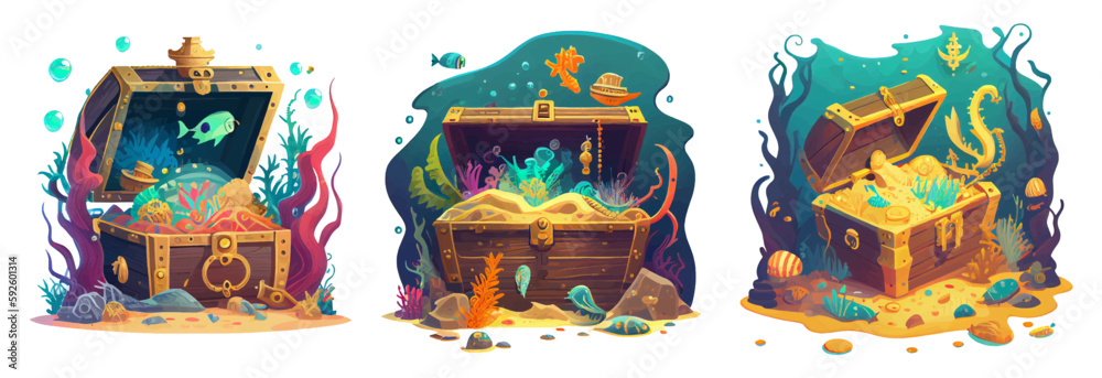set vector treasure chest on ocean bottom illustration of ui interface ...