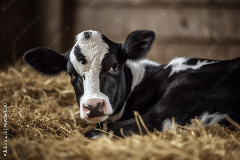 cute young black and white calf lies in straw and looks alert, Created using generative AI tools. cute young black and white calf lies in straw and looks alert, Created using generative AI tools.