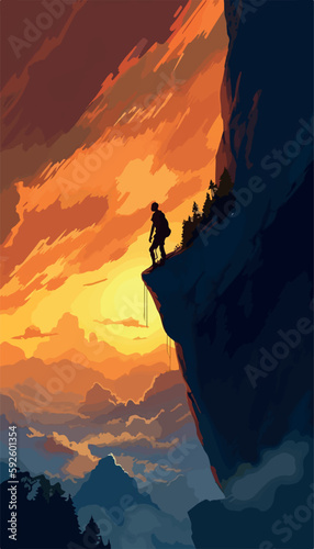 Rock climber on a cliff. Cartoon vector drawing of adventure. Man on a hill hiking up a mountain peak. Summer activity. Cool poster of climber looking at the sunset or the sunrise. Silhouette on top.