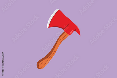 Cartoon flat style drawing of firefighter axe. Danger object with wooden handle and sharp metal head. Fire extinguishing equipment. Professional tool and instrument. Graphic design vector illustration