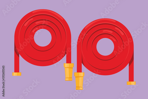 Cartoon flat style drawing red fire hose logo icon label in trendy style. Suitable for many purposes. Fire extinguishing equipment. Professional tool and instrument. Graphic design vector illustration