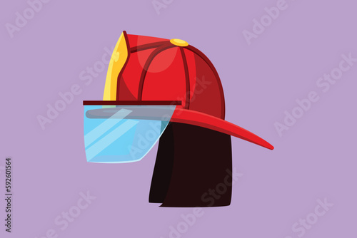 Cartoon flat style drawing red firefighter helmet with protective glass. Equipment for firefighter or volunteer. Fire extinguishing professional tool and instrument. Graphic design vector illustration