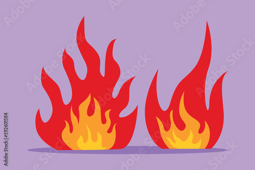 Cartoon flat style drawing fire, flame. Red flame in abstract style on blue background. Flat fire. Modern art isolated graphic. Fire sign, icon, logo, label, symbol. Graphic design vector illustration