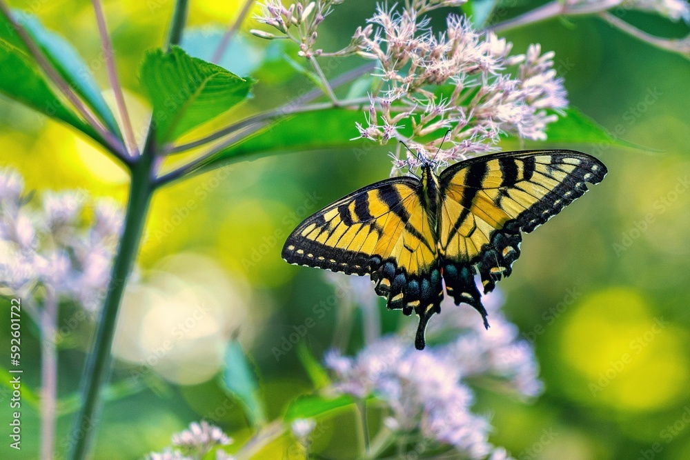 Closeup shot of a swallowtail butterfly on blooming flowers Closeup shot of a swallowtail butterfly on blooming flowers