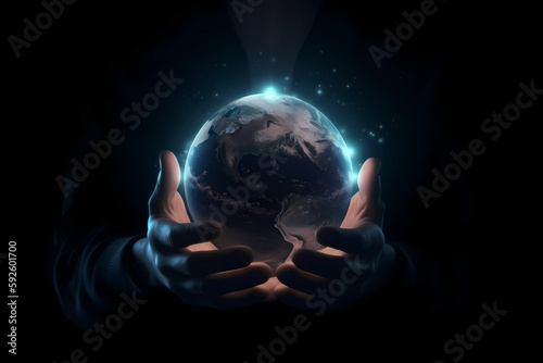 Hand holding earth on black background. Generative AI