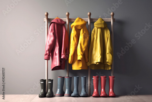 Collection of colorful raincoats on a coat rack