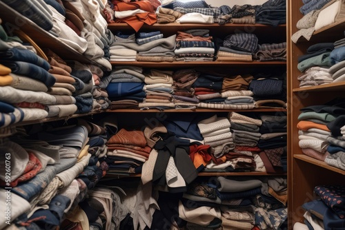 Used Men's clothing, ties and shoes are stacked , ai generative