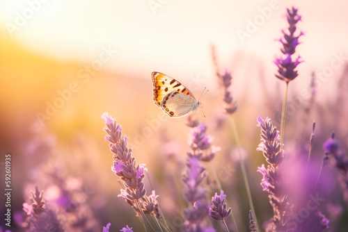 Beautiful butterfly and lavender flowers against on a background of sunrise. Generative AI.