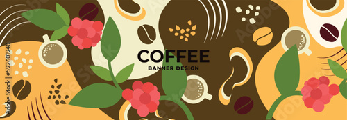 Coffee banner design. Vector drawing, coffee grains and coffee tree. Banner mockup, print for fabric, card, poster. Design elements.