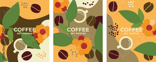 Coffee design poster set. Vector drawing of coffee grains and coffee tree. Design elements for poster, card, packaging.