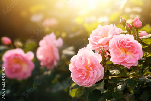 Beautiful pink rose flowers on a blurred background. Generative AI.