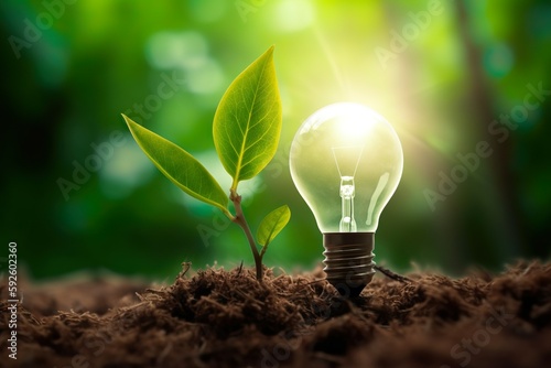 Light bulb in nature with leaf. Ecology and environmental protection. green energy. Generative AI
