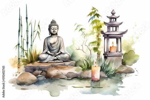 Watercolor illustration of oriental landscape with budda