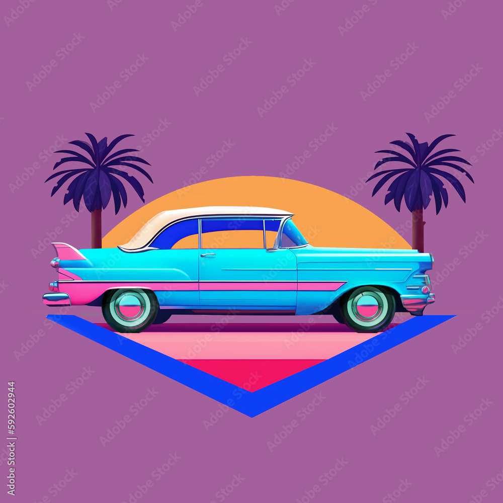 retro car on the tropical beach, center aligned, colorful banner