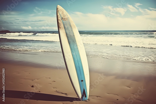 Surfboard on the beach and ocean view. Generative AI