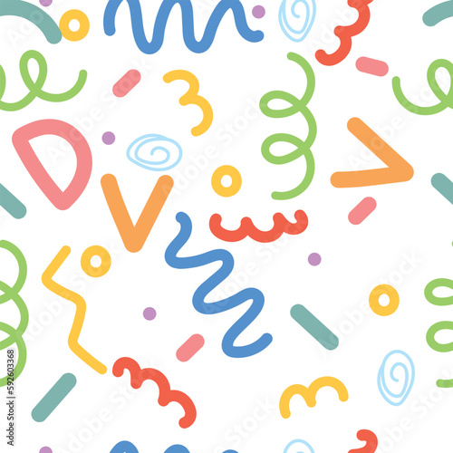 fun colorful line doodle seamless pattern. Creative minimalist style art background for children or trendy design with basic shapes. Simple childish scribble backdrop. 