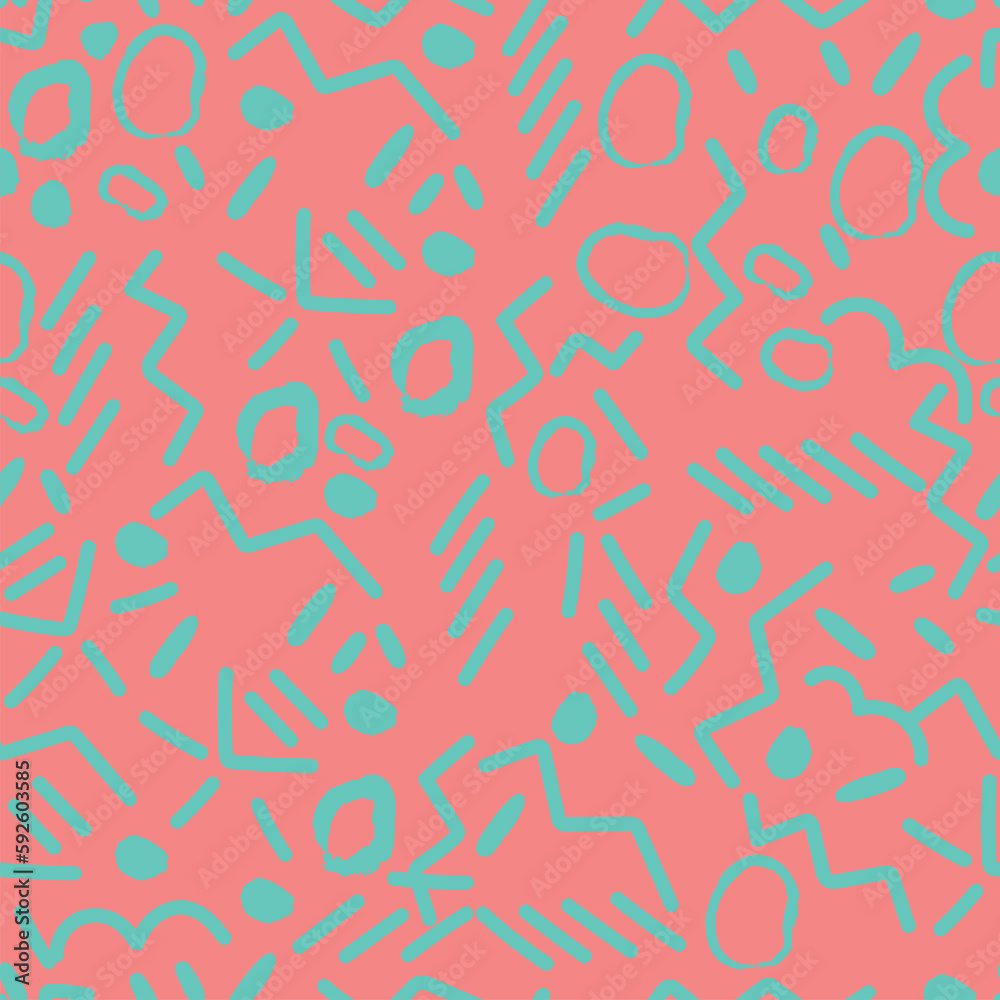 Psychedelic chaotic pink and green zig zag with dots seamless pattern. Abstract trendy vector texture with hand drawn zig zag lines for textile, wrapping paper, surface, background Psychedelic chaotic pink and green zig zag with dots seamless pattern. Abstract trendy vector texture with hand drawn zig zag lines for textile, wrapping paper, surface, background