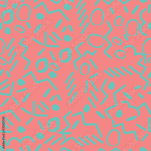 Psychedelic chaotic pink and green zig zag with dots seamless pattern. Abstract trendy vector texture with hand drawn zig zag lines for textile  wrapping paper  surface  background