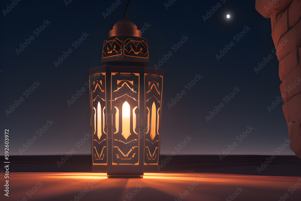 Arabic glowing lamp Ramadan background. Generative AI