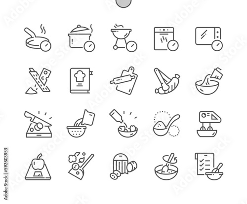Food preparation. Recipes book. Cooking time. Grater, stir, blender, spoon. Pixel Perfect Vector Thin Line Icons. Simple Minimal Pictogram