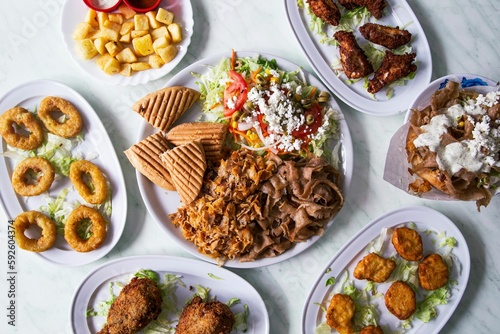 Top view of variety of Pakistani fast food dishes