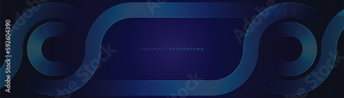 Abstract technology futuristic glowing circle lines on dark blue background. Geometric stripe line art design. Modern shiny blue lines. Horizontal banner template. Vector illustration