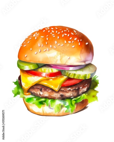 Watercolor illustration of a burger isolated on white background. Tasty large cheeseburger. Generative AI.