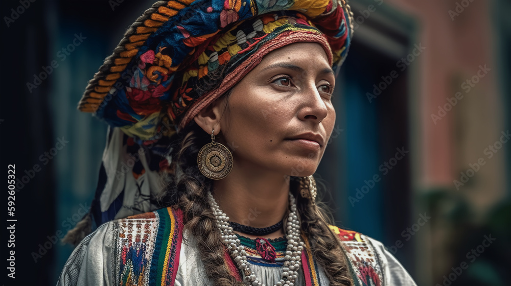 Portrait of beautiful Colombian woman in national costume. Traditional colorful clothes, makeup and jewelry. Generative AI. High quality illustration