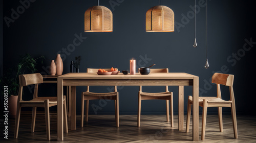 Round wooden dining table and chairs in gray tones with decor, stylish modern interior. mock up, Al generated