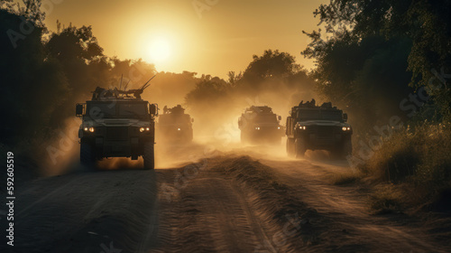 A group of military vehicles drive down a dusty road. Al generated