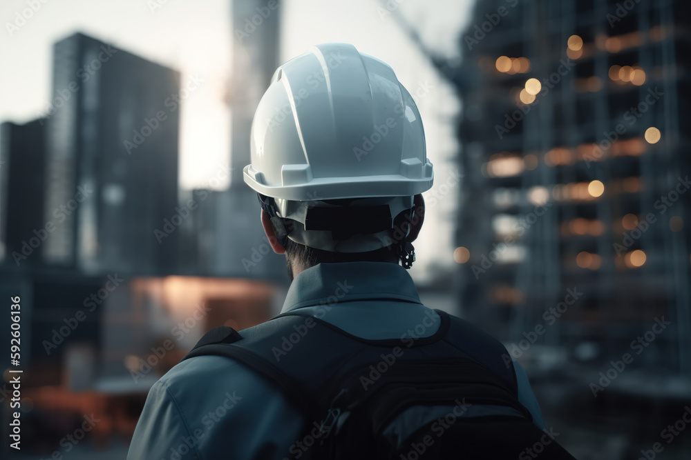Engineer in white helmet at construction site, rear view. Close-up of an unrecognizable working man against backdrop of buildings under construction. Generative AI