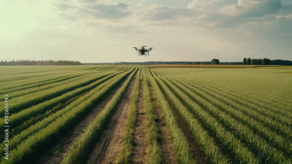 Agricultural field with crops and agronomist drone. Al generated Agricultural field with crops and agronomist drone. Al generated