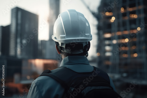 Engineer in white helmet at construction site, rear view. Close-up of an unrecognizable working man against backdrop of buildings under construction. Generative AI © Sergio