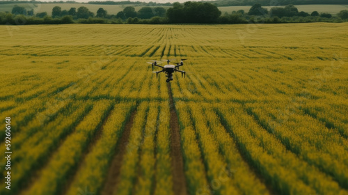 Agricultural field with crops and agronomist drone. Al generated