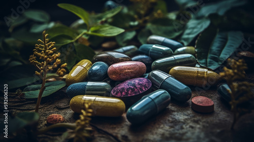 Slika na platnu Alternative medicine herbal organic capsule with vitamin E omega 3 fish oil, mineral, drug