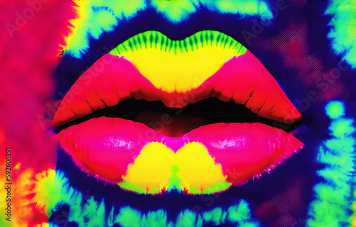 A pair of lips with a tie dye bright psychedelic effect. Illustration. Generative AI. 
