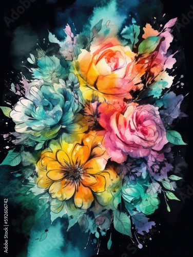 Aquarel flower bouquet with neon colours, AI generated