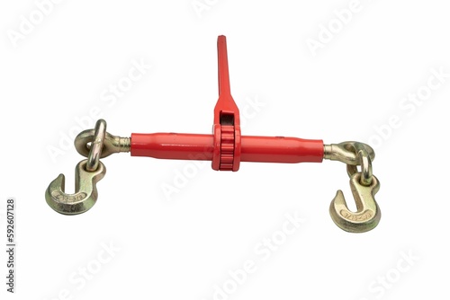 Metallic red ratchet chain binder with silver crooks for securing the load on the white background photo