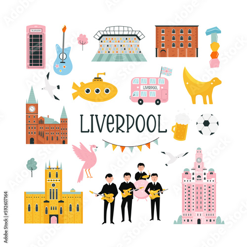Vector colorful design, banner with icons, famous symbols of Liverpool.