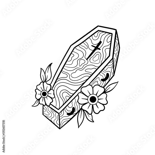 Hand drawn illustration of traditional coffin tattoo outline