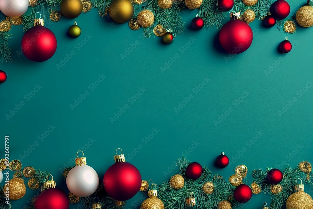 Dark green background surrounded by Christmas toys and pine branches
