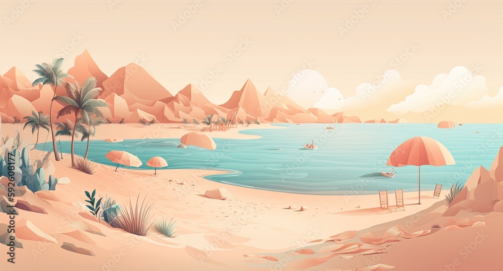 Sunny drawing of a paradise beach. Summer vacations. Generative AI