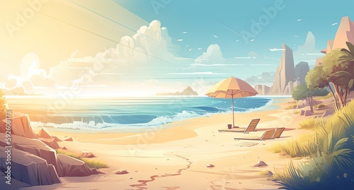 Sunny drawing of a paradise beach. Summer vacations. Generative AI © Gelpi
