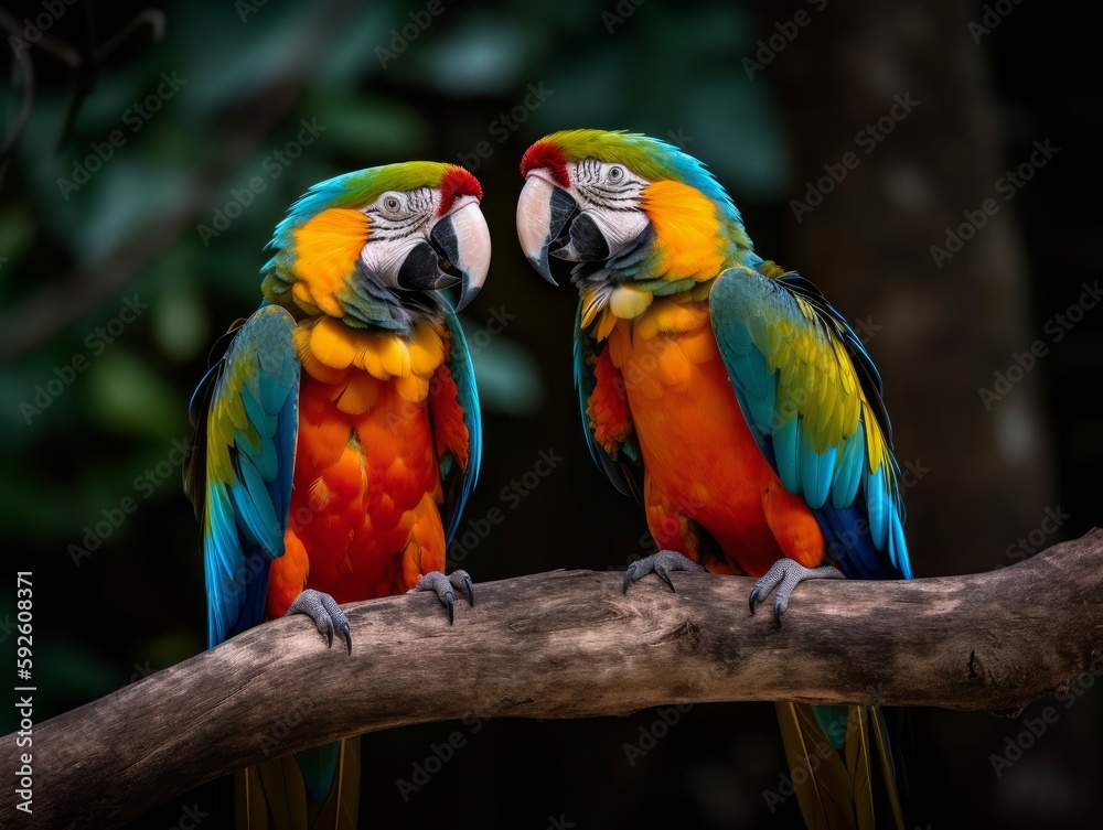 A pair of parrots perched on a branch, facing each other