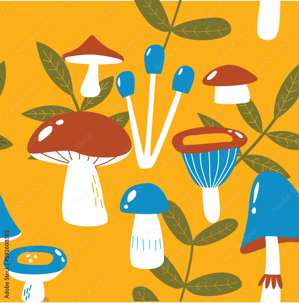 Vector pattern with mushrooms and leaves. Bright forest background. Seamless background with colorful mushrooms. Fabric, paper, wallpaper Vector pattern with mushrooms and leaves. Bright forest background. Seamless background with colorful mushrooms. Fabric, paper, wallpaper