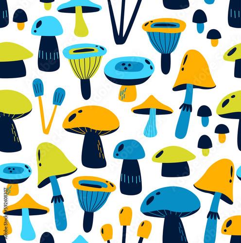 Brigt pattern with mushrooms. Multi-colored stylized mushrooms. Bright seamless pattern with mushrooms. Autumn pattern. Fabric, paper, wallpaper