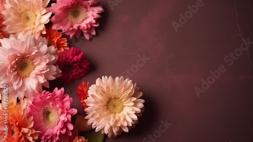 Chrysanthemum flowers flat layer. Mothers day flowers. Copy space.