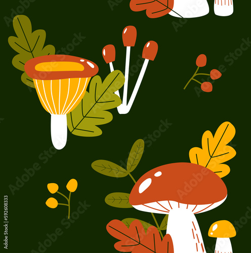Pattern with mushrooms and leaves. Bright forest background. Seamless background with colorful mushrooms. Fabric, paper, wallpaper