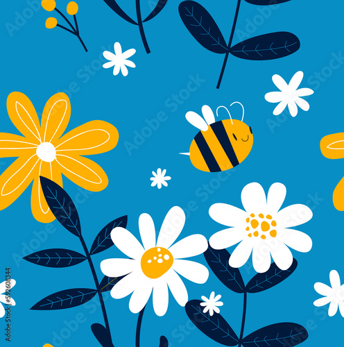 Blue background with cartoon bees and daisies. Floral pattern. Blue gentle seamless background. Fabric, paper, wallpaper.